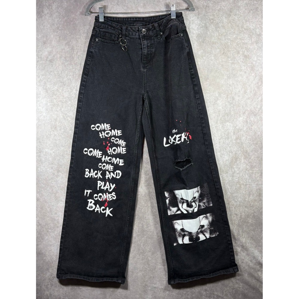 IT Chapter Two Jeans Womens 3 Black Pennywise Graphic Wide Leg Distressed Horror